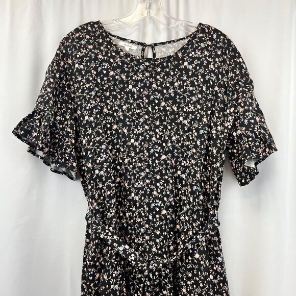 Maurices Women’s Floral Belted Shift Dress Black/Multi Size Large Keyhole - Picture 2 of 9
